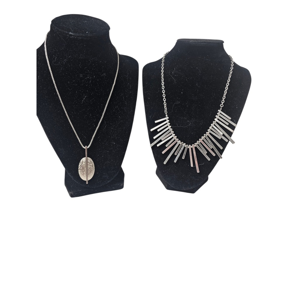 Silver‎ Tone Modernist Necklace Set Textured Oval Pendant & Fringe Sunburst Bar
